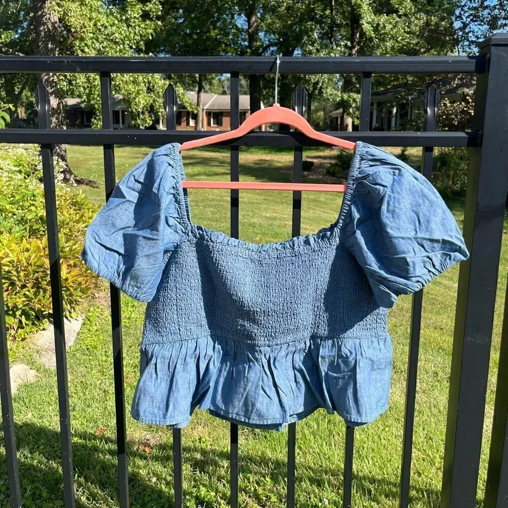 J Crew Chambray Squareneck Smocked Puff Sleeve Top NWT